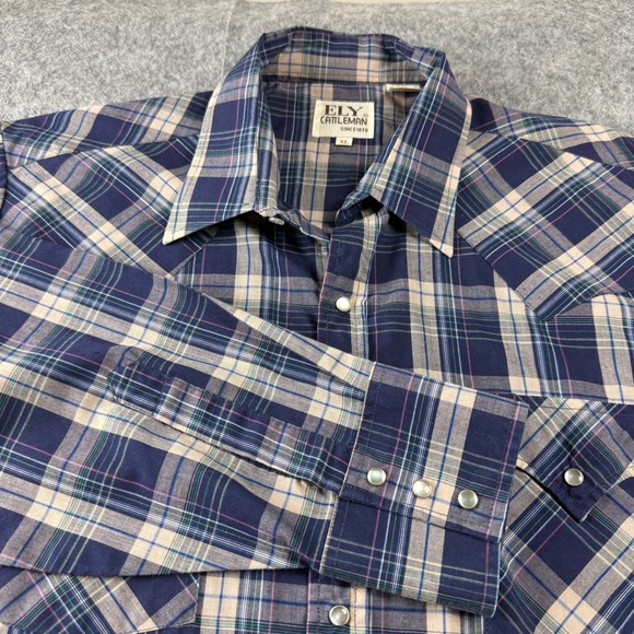 Ely Cattleman Mens XL Plaid Snap Front Long Sleeve Western Shirt Blue Tan Green - Picture 7 of 13